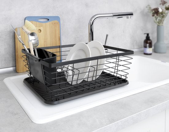 WENKO Égouttoir Drip noir 36 x 30 cm avec bac d'égouttage et porte-couverts - Égouttoir à vaisselle - Égouttoir avec bac d'égouttage noir