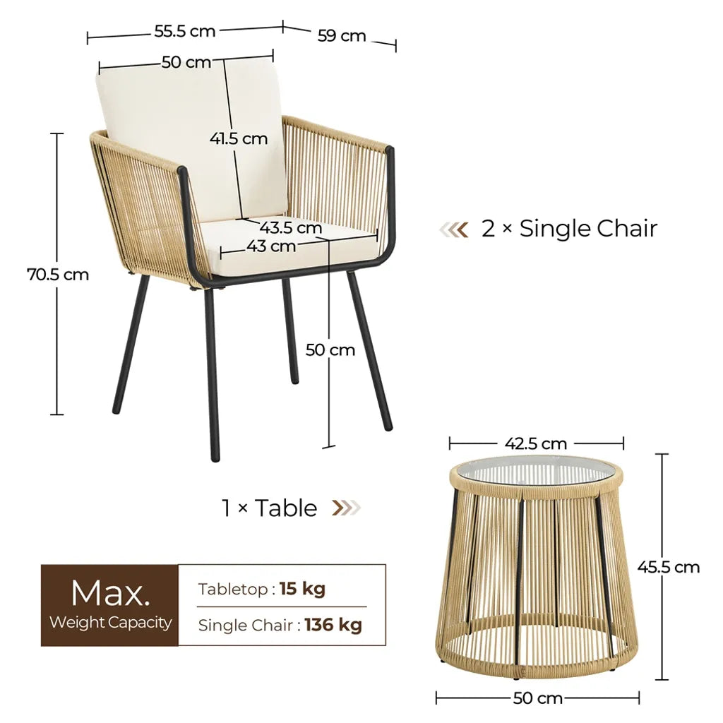 Ensemble de mobilier de jardin Yaheetech 3 pièces - Marron clair/Blanc crème - Ensemble de balcon en polyrotin avec table d'appoint ronde et coussins d'assise et de dossier