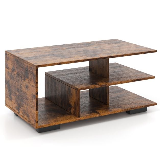 Table basse Coast à 3 niveaux – 90 x 50 x 42 cm – Naturel/Blanc ou Brun rustique