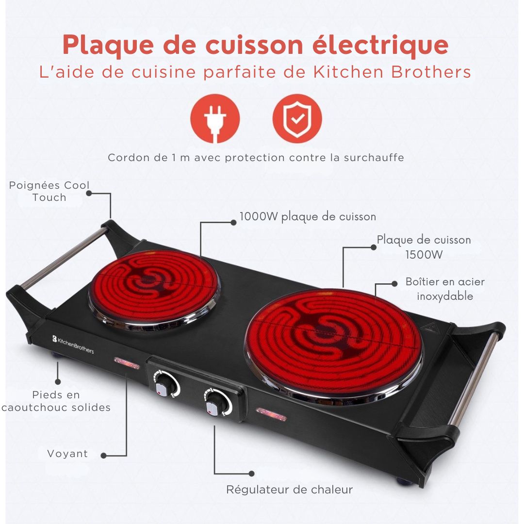 Plaque de cuisson KitchenBrothers  - 2 foyers - 54,3 x 22,8 x 10 cm - 2500W - Noir