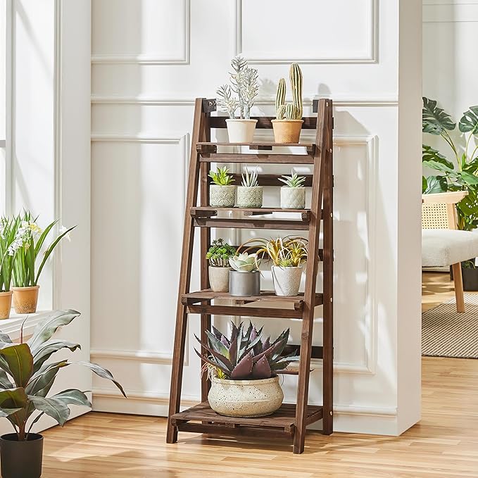 Yaheetech Étagère à plantes pliable à 4 niveaux - Marron - Étagère à fleurs en bois pour l'intérieur et l'extérieur