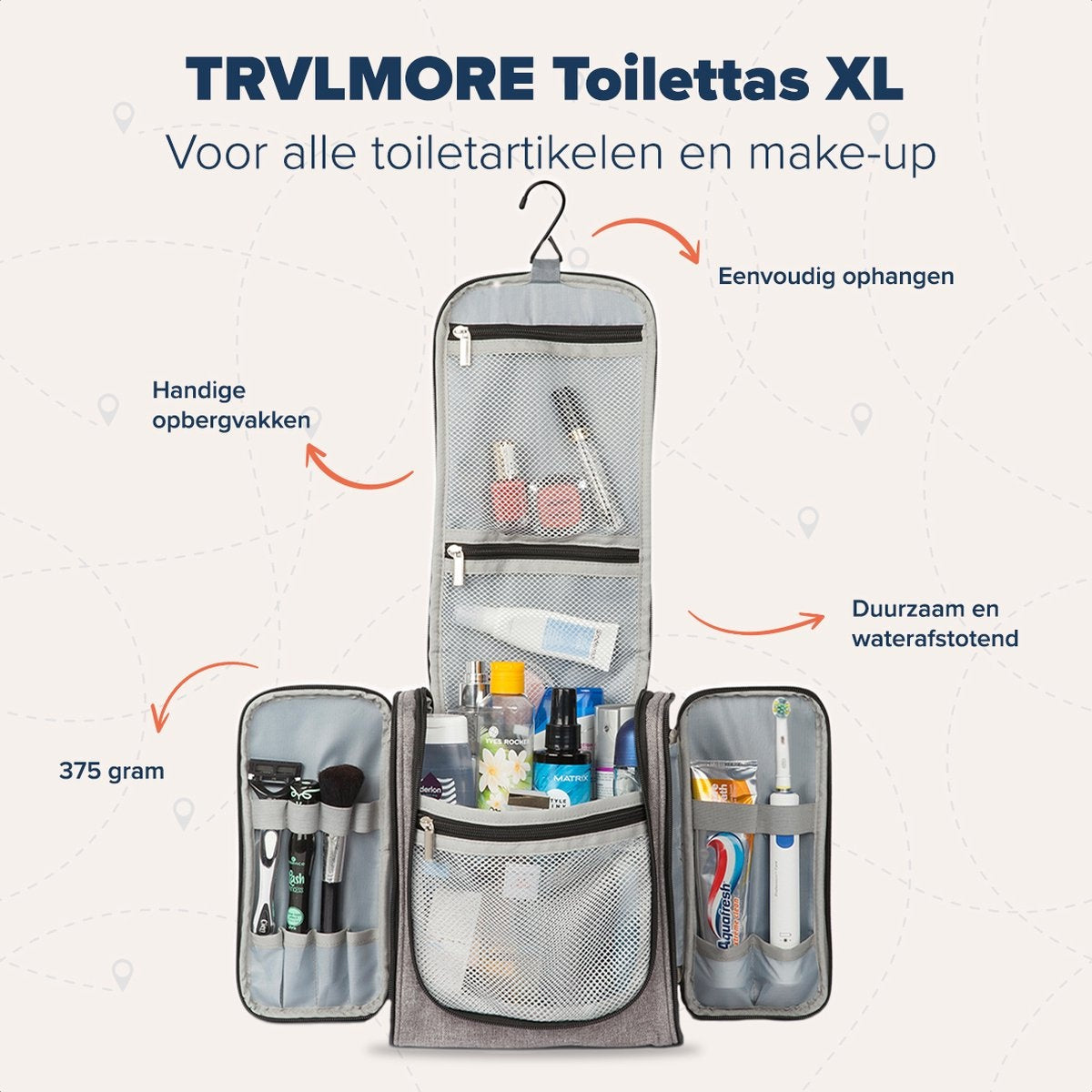 TRVLMORE Trousse de toilette XL - Suspension avec crochet - Gris