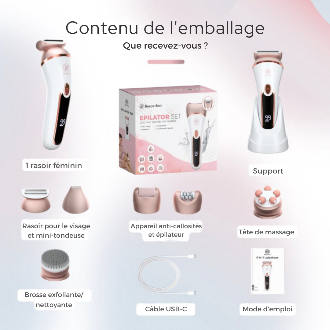 Épilateur Beeperfect® - Rechargeable - Étanche - 7 accessoires - Blanc/rose pâle