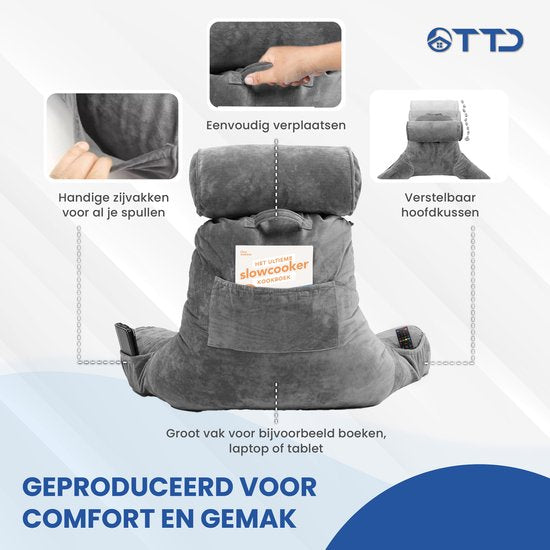 TTD® Premium XXL Coussin de lecture avec rouleau pour la nuque - Siège de lecture - Coussin de lecture pour le lit - Coussin de siège ergonomique avec rembourrage réglable - Coussin de livre - Comprend un mini-coussin supplémentaire - Velouté et doux - Ho