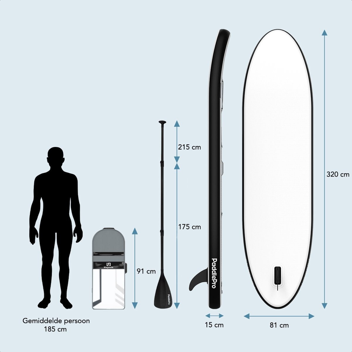 LifeGoods SUP Board - Deluxe Set - avec siège - Planche à pagaie gonflable - Max. 135KG - 320x81cm - Blanc