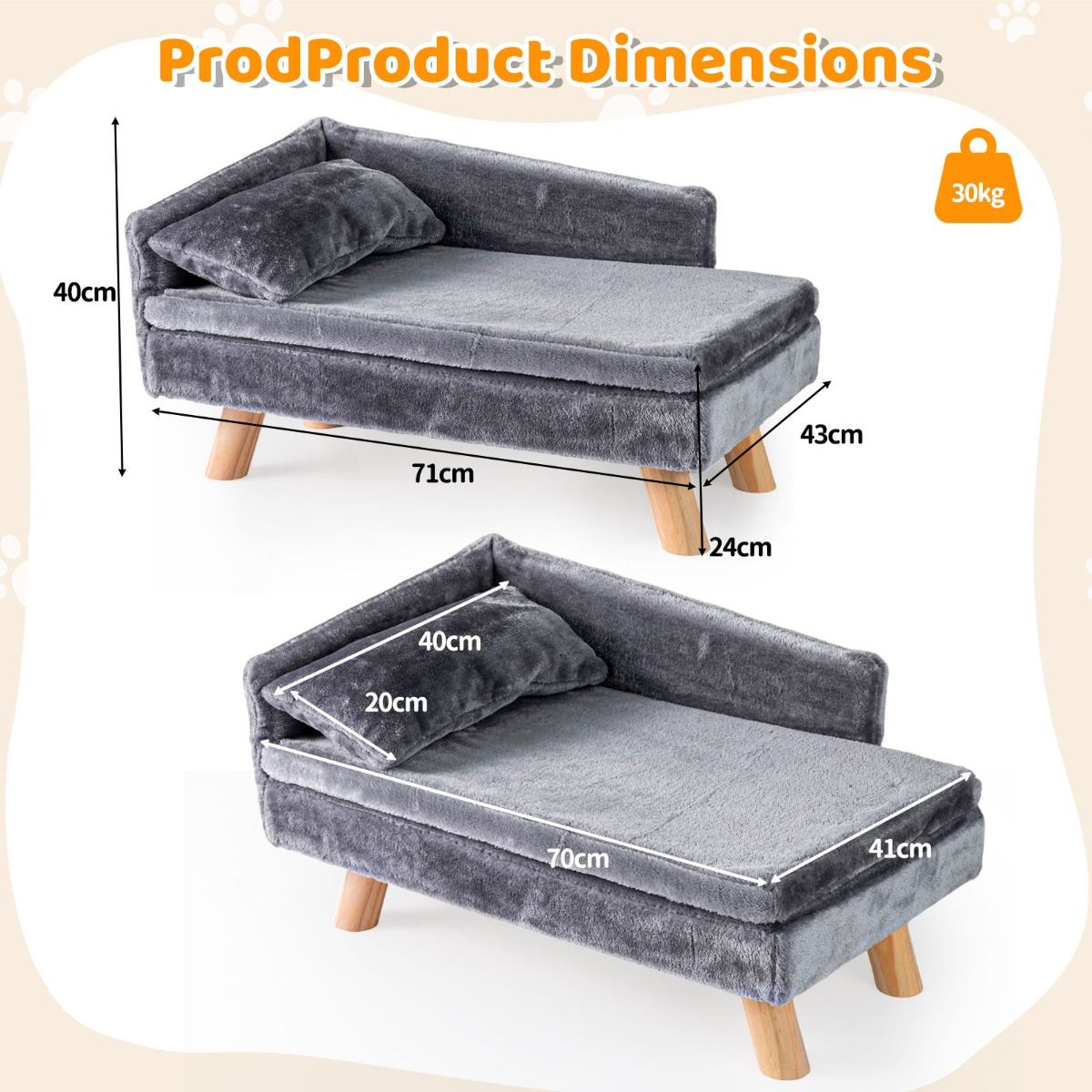 Lit surélevé pour animaux de compagnie Coast - Canapé pour chien avec coussin et oreiller amovibles - Gris - 71 x 43 x 40 cm