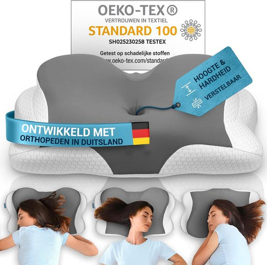 Oreiller orthopédique Glckstoff - Oreiller ergonomique en mousse pour la nuque, destiné à soulager les douleurs cervicales et dorsales, hypoallergénique, réglable, idéal pour les personnes dormant sur le côté ou sur le dos, gris
