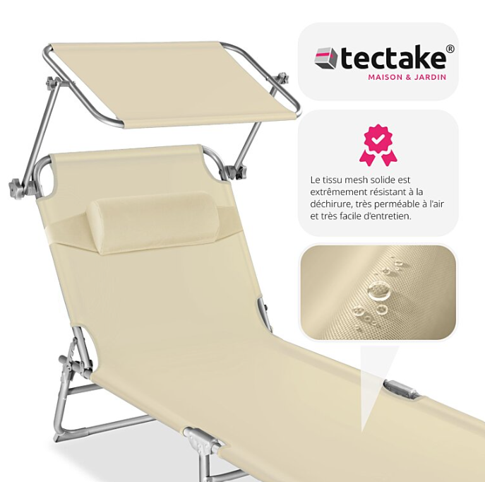 Chaise longue TECTAKE Transat en acier Pliable réglable, dossier à 4 positions avec oreiller- beige - 68 x 190 x 28 cm