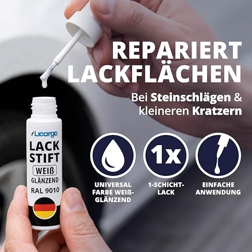 LICARGO Stylo de retouche blanc brillant 12 ml - Pinceau de précision pour les rayures et les impacts de gravillons