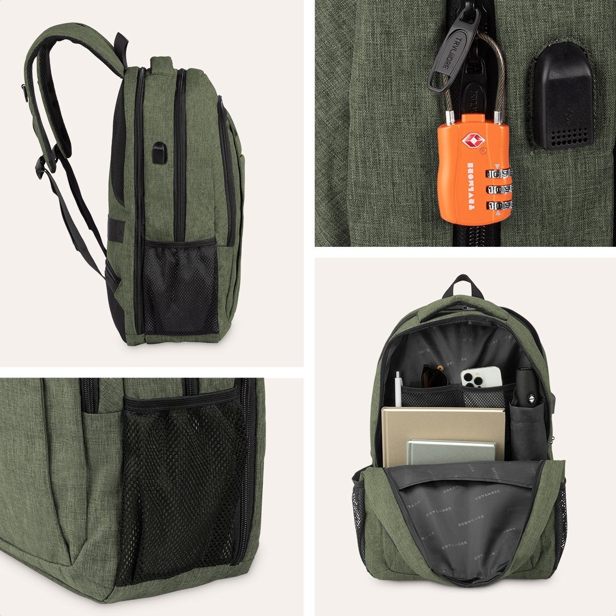 TRVLMORE Sac à dos - 36L - 17.3 inch - Sac à dos pour ordinateur portable - Sac d'école - Unisexe - Vert résistant aux éclaboussures