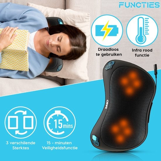 Sanbo Wireless Massage Cushion WL20 - Black - Appareils de massage - Fonction chaleur avec infrarouge - Pour la maison et la voiture - Shiatsu - Fitness