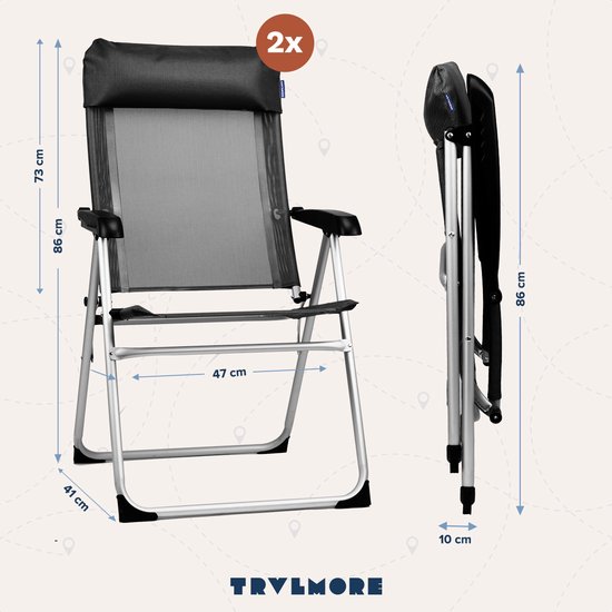 TRVLMORE Chaises de camping - pliables - 2-Pack - capacité de charge de 110KG - réglables - chaise pliante - chaise de pêche - chaise de camping - chaise pliante - noir