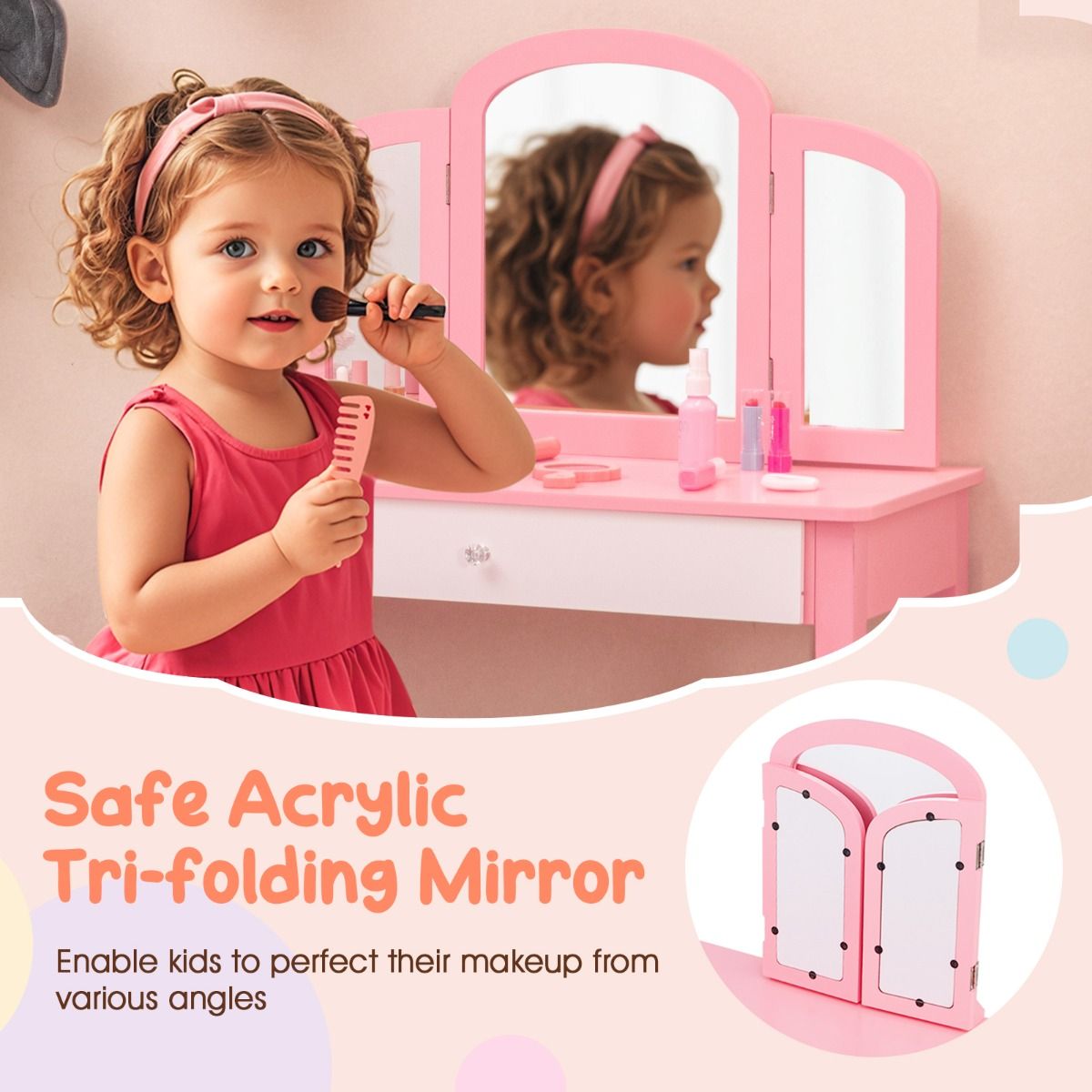 Coast Children's Dressing Table Set Pink - 70x34x95 cm Table avec tabouret et miroir pliant 3 pièces