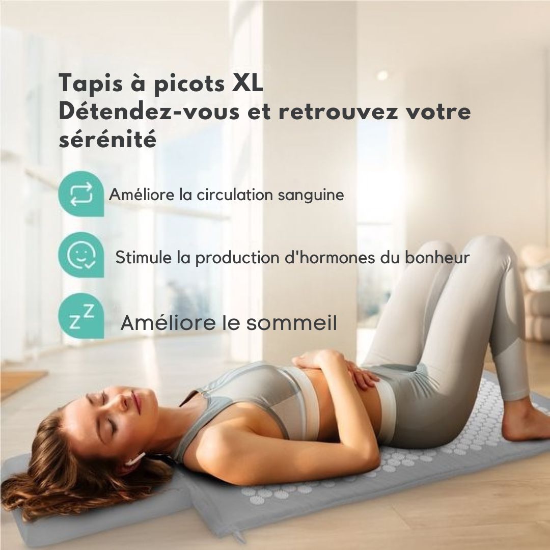 Tapis d'acupression XL LifeGoods - avec coussin - Tapis Shakti - Tapis pour ongles avec 2 balles pour points de déclenchement - 128x48x2cm - Gris/Blanc