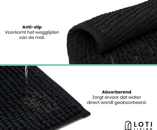 Loti Living Tapis de bain antidérapant - Tapis de douche - Tapis de salle de bain - Tapis de sol - Tapis de bain en chenille - Noir - 50x80 cm