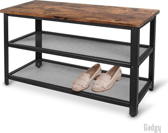 Gadgy Schoenenrek met bankje - 6 tot 9 Paar Schoenen - Schoenenkast bankje - Schoenenbank Industrieel - Handig schoenen opbergen - Bijzettafel Metaal met Hout