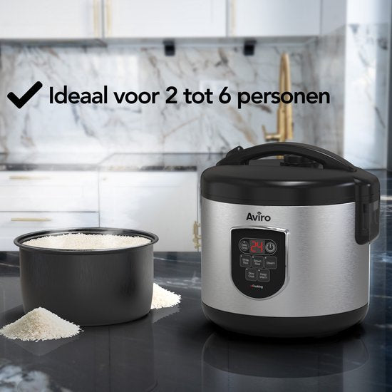 Aviro Rice Cooker - Slowcooker - 1,2L - 7 Fonctions - Fonction maintien au chaud - Cuiseur de riz - Antiadhésif - Multicuiseur - 2-6 personnes - acier inoxydable