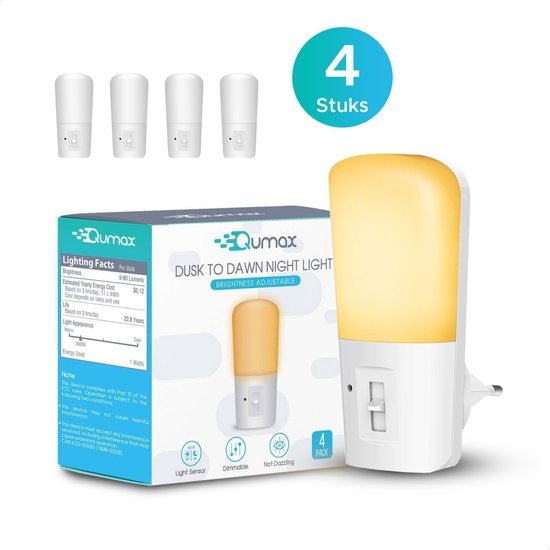 Qumax LED Night Light Socket 4 pcs - Veilleuse dimmable avec capteur - Veilleuse de chambre de bébé - Capteur jour et nuit - Enfants et bébés - Blanc