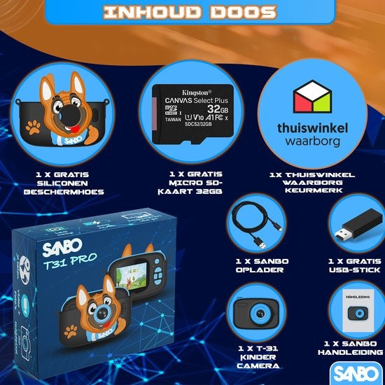 Caméra pour enfants Sanbo T31 Pro - Bleu / Noir - Inclut une carte SD de 32 Go et un lecteur - Caméra photo pour enfants - Vlogging - Caméra de jeu