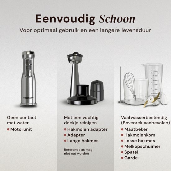 Ensemble mixeur plongeant PRO 6-en-1 - 1 100 W - Lames en titane - Spatule offerte - Fonction turbo - Comprend un hachoir, un fouet, un mousseur à lait et un verre doseur - Sans PFAS