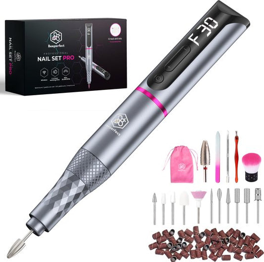 Beeperfect® Lime à ongles électrique sans fil édition Pro - Moulin à ongles - Ensemble manucure et pédicure - Rechargeable - 11 embouts et 60 rouleaux de ponçage - 30,000RPM