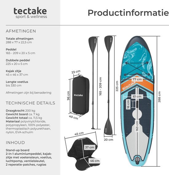 tectake® Stand-Up Paddle Board - SUP Board - Gonflable - Stable - 288 x 77 x 22.5 cm - Max 200kg - Orange Turquoise