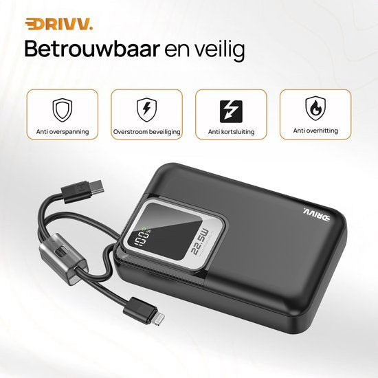 Drivv. Batterie externe 20 000 mAh - Avec câble 8 broches et USB-C intégré - Câble de recharge 60 W inclus - Fonction de recharge rapide 22,5 W - USB / USB-C - Kit d'urgence