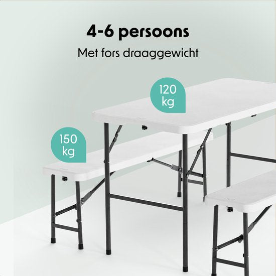 LifeGoods Set de pique-nique pliable - 124cm x 61.5cm - Table de jardin avec 2 bancs - Résistant aux intempéries - Table de camping - Table de bière pliable - Pour l'intérieur et l'extérieur - Pour 4 à 6 personnes - Blanc
