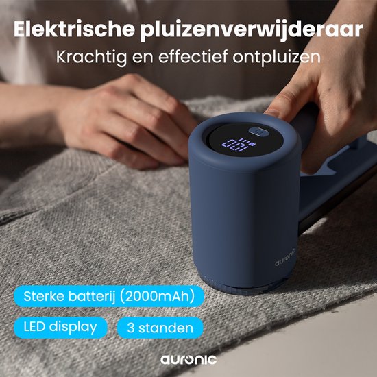 Auronic Electric Lint Remover Pro - Tondeuse à peluches - Autonomie 120 minutes - Rechargeable - Affichage LED - Défoliateur - Bleu