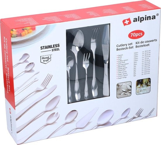 alpina Cutlery Set 12 Person - 70 Piece - Spoons - Knives - Forks - Stainless steel - Silver