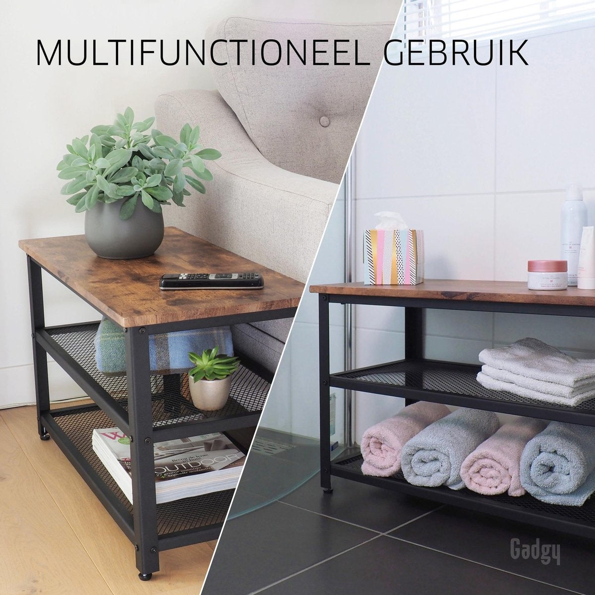 Gadgy Schoenenrek met bankje - 6 tot 9 Paar Schoenen - Schoenenkast bankje - Schoenenbank Industrieel - Handig schoenen opbergen - Bijzettafel Metaal met Hout