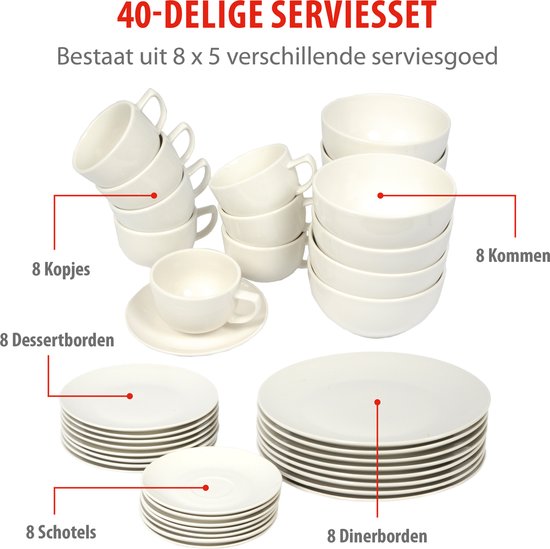 Service de table Alpina pour 8 personnes - Service en faïence 40 pièces - Ensemble comprenant des assiettes de petit-déjeuner, des assiettes plates, des bols, des tasses et des soucoupes - Service de table compatible avec le lave-vaisselle et le micro-ond