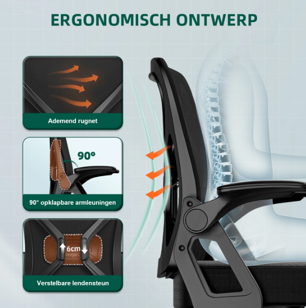 Chaise de bureau ergonomique GTIMEX noire - Soutien lombaire réglable - Fonction d'inclinaison jusqu'à 125°