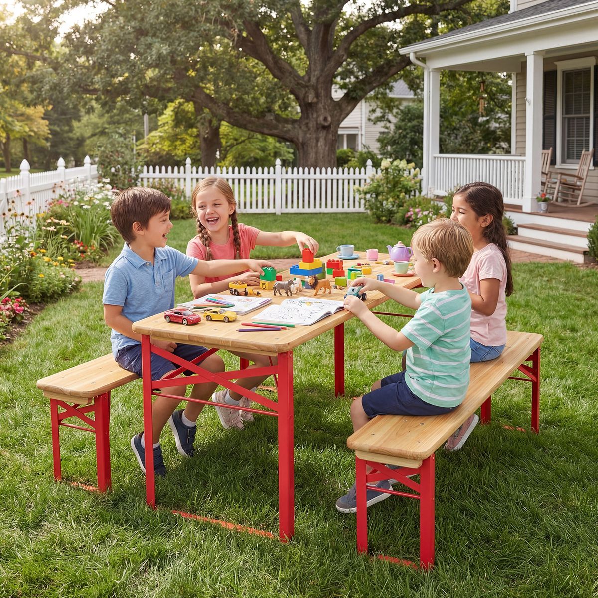 Ensemble de pique-nique pour enfants Coast - table de pique-nique pliable avec 2 bancs - bois de sapin et métal - rouge