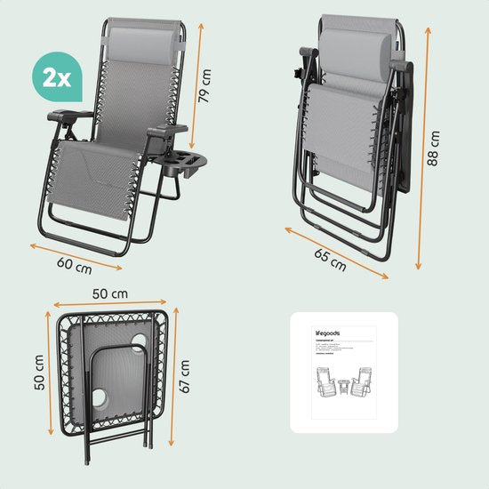 LifeGoods Chaises longues - pliable - ensemble complet - avec table d'appoint - 30°-90° réglable - chaises de jardin - métal - gris