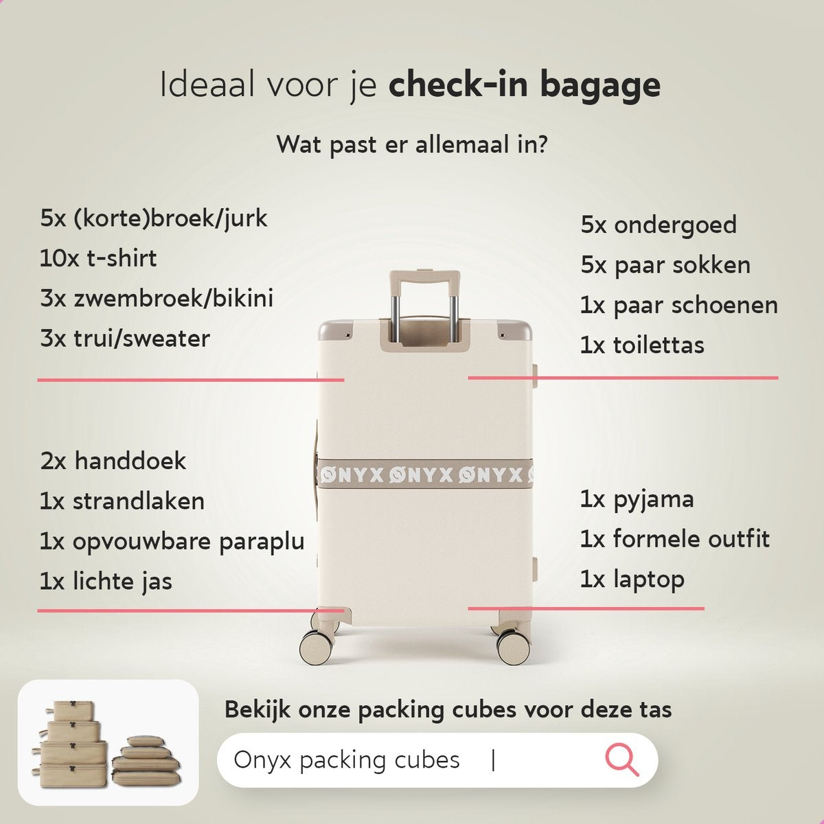 Valise à roulettes ONYX 65L - Bagage à main - Légère - Serrure TSA - 58 x 42 x 27 cm - Blanc sable