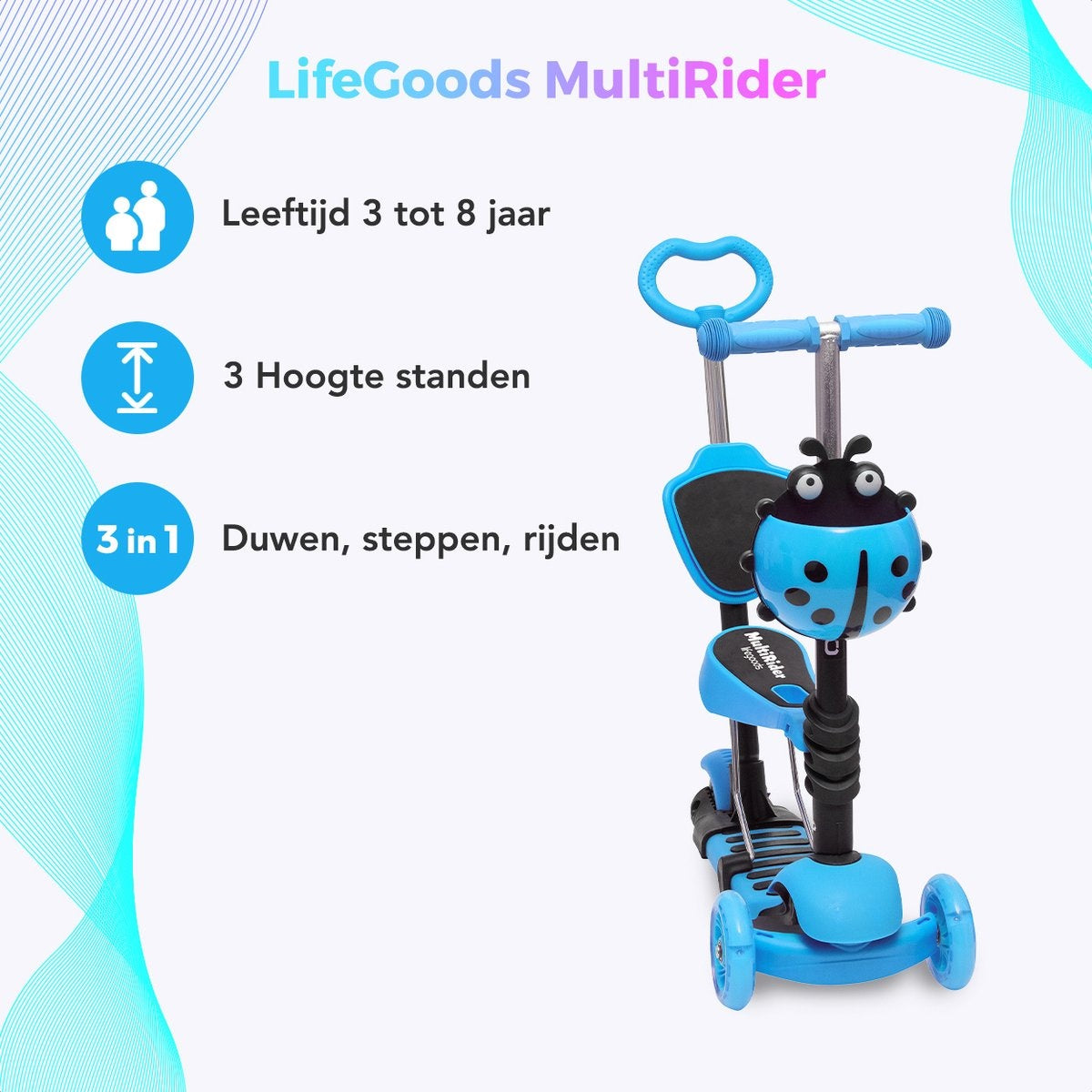 LifeGoods MultiRider - Scooter pour enfants avec barre de poussée - 3 -8 ans - Garçons/Filles - 3 roues lumineuses - Bleu