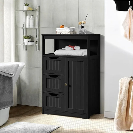 Armoire de salle de bains Yaheetech 55,5 x 29,5 x 86,5 cm - Noir - Meuble de salle de bains avec 3 tiroirs et une étagère réglable