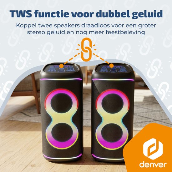 Enceinte Bluetooth Denver Party Box - Lumières disco - Party Box - Microphone inclus - Haut-parleur - BPS370