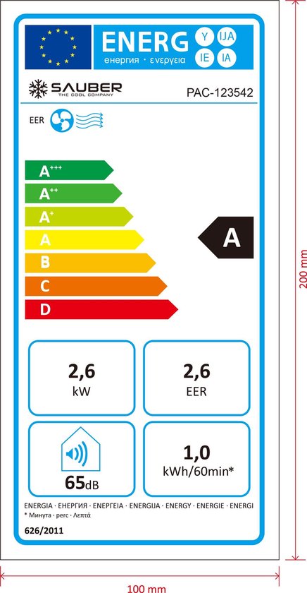 Sauber PAC-123542 - 9000BTU - Climatiseur mobile - Télécommande - Affichage numérique