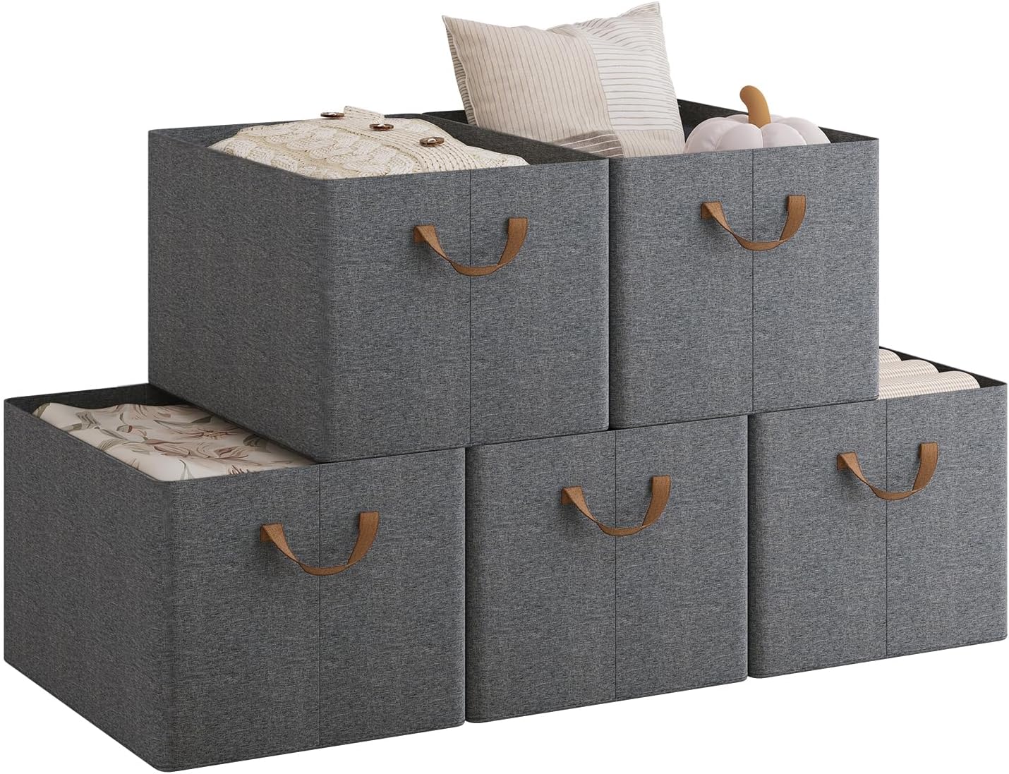 Woltu Boîte de rangement pliable Lot de 5 - Gris - 47 x 35 x 30 cm - Cubes de rangement empilables en tissu avec poignées