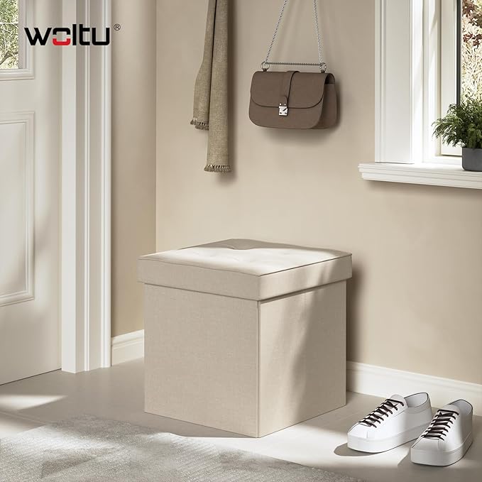 WOLTU pouf de rangement avec couvercle - tabouret de rangement cube - pliable - siège en lin - 37,5 x 37,5 x 38 cm - beige