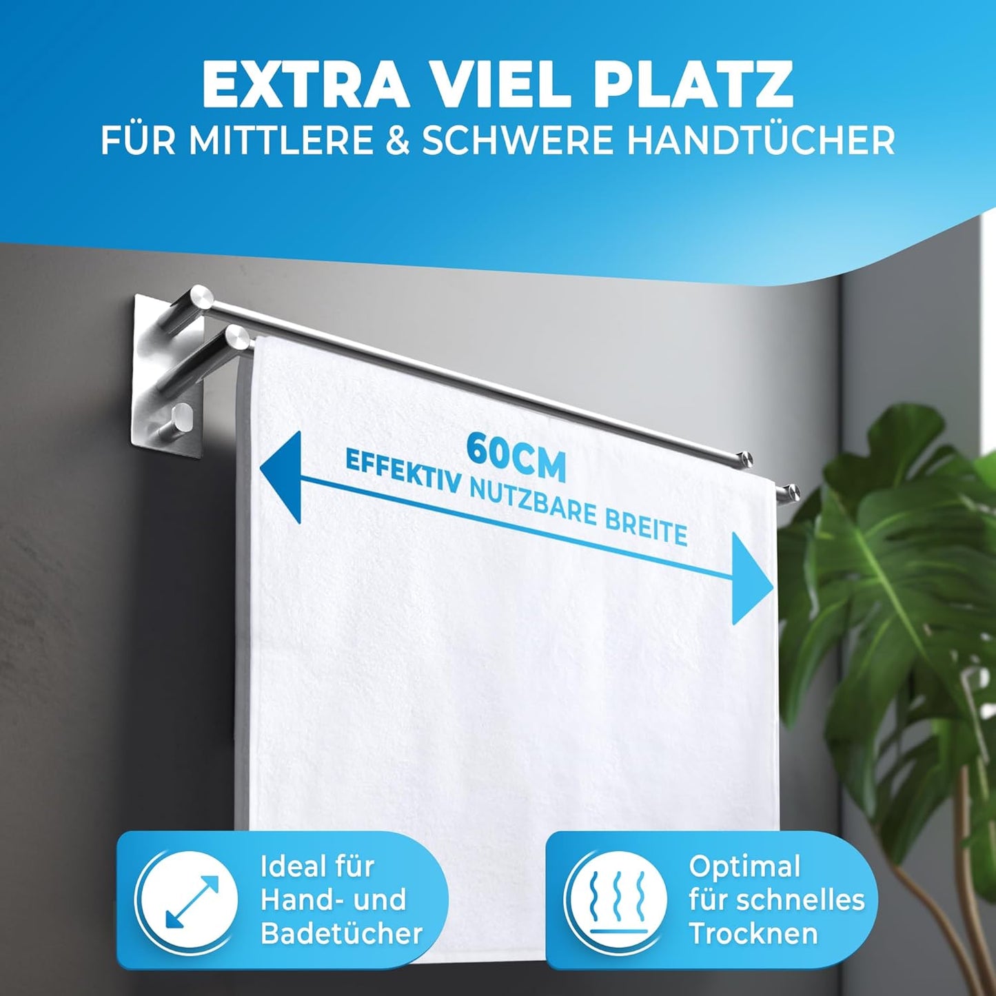 LOBUX® - Porte-serviettes sans perçage - 60cm, acier inoxydable - Porte-serviettes salle de bain double, auto-adhésif - Porte-serviettes avec 2 crochets pour serviettes - pour salle de bain, paroi de douche, cuisine