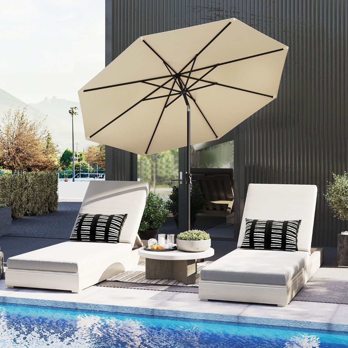 Coast Terrace Parasol 303 cm Beige - Parasol inclinable avec manivelle, 8 balais et double toit pour jardin, terrasse ou piscine