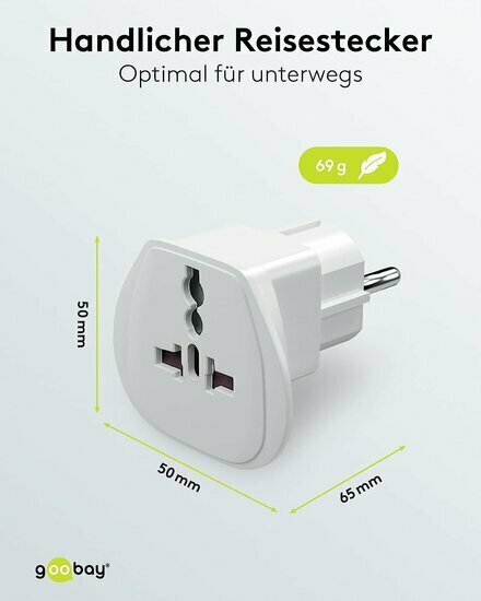 goobay  Adaptateur de voyage « World to EU » blanc - Type F vers UK/CH/IT/US/JP - 16 A - 65 x 51 x 51 mm