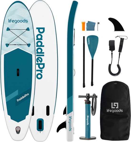 LifeGoods SUP Board All-round Compact - Capacité de charge 100 KG - 300 x 76 cm - Gonflable - Ensemble complet de SUP - Blanc/Aqua profond