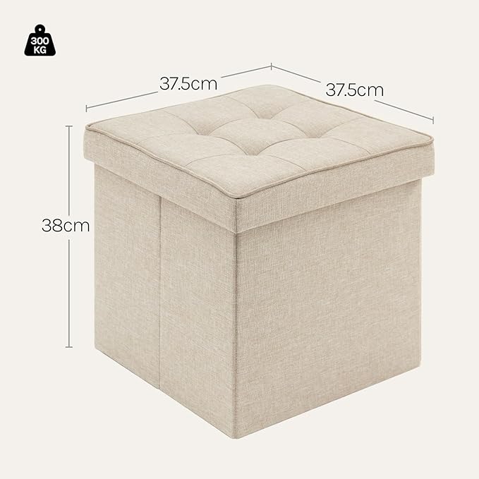 WOLTU pouf de rangement avec couvercle - tabouret de rangement cube - pliable - siège en lin - 37,5 x 37,5 x 38 cm - beige