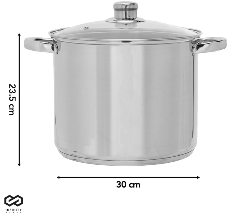 Infinity Goods Faitout - Couvercle en verre - 16.5L - 30 CM - Induction Gaz Céramique - Lavable au lave-vaisselle - acier inoxydable