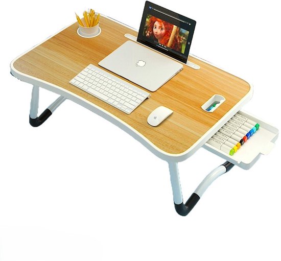 Tablette pliable pour ordinateur portable - Table de lit - 60 x 40 cm - Motif bois - Petit-déjeuner au lit - Table d'appoint pour canapé