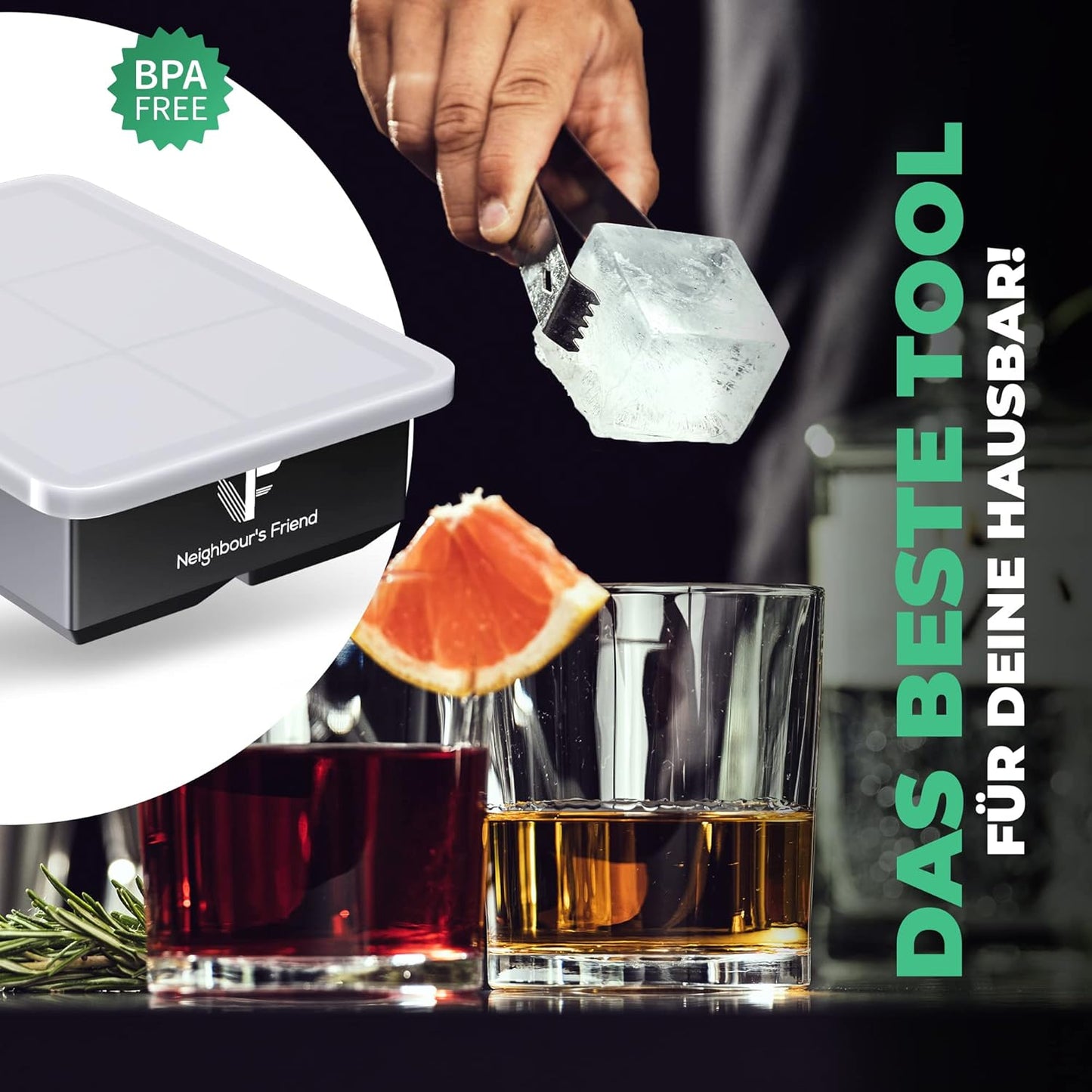 Neighbour's Friend moule à glaçons grand pack de 2 - 12x XXL glaçons pour cocktails, whisky & long drinks - moule à glaçons en silicone platine avec couvercle lavable au lave-vaisselle - moule à glaçons géant XL